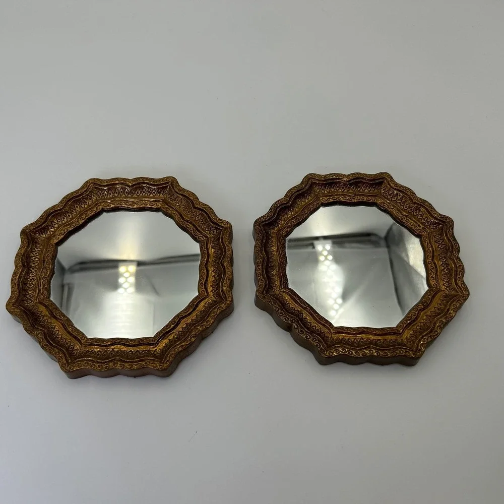VTG Ornate Gold Scalloped Octagon Wall Mirrors Romantic Timeless 1987 Regency